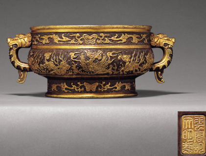 胡文明制铜鎏金应龙海兽图簋式炉| 满汀洲收藏鉴定